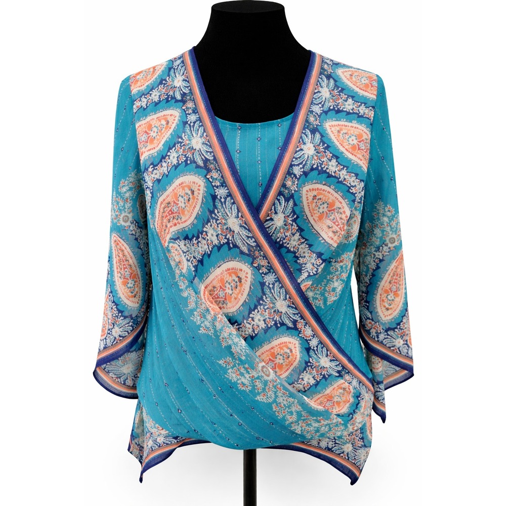 Chico's Womens Tunic Blouse Size 0 Green Paisley Sheer Flutter Sleeve Hi-Low Hem